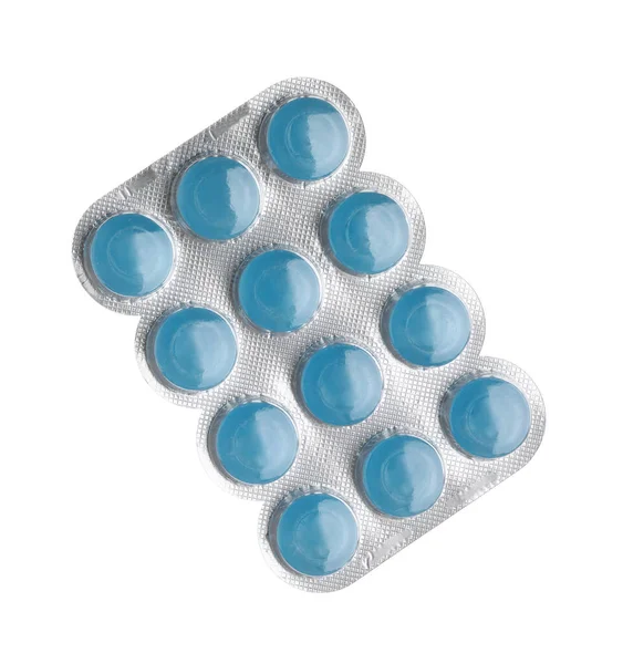 Blister Com Gotas Tosse Azul Isoladas Branco — Fotografia de Stock