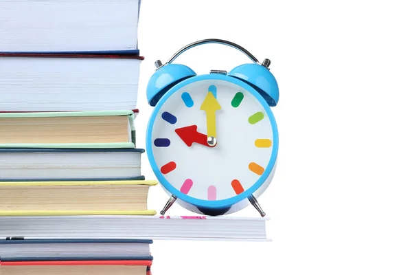 Light Blue Alarm Clock Different Books White Background School Time — Stock Photo, Image