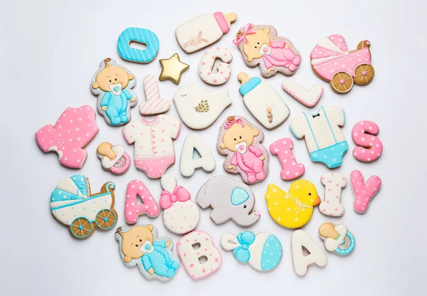 Set Baby Shower Cookies Light Background Flat Lay — Stock Photo, Image