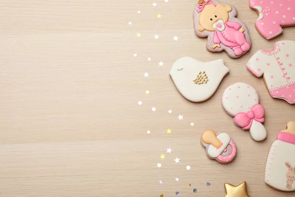 Set Baby Shower Cookies Wooden Table Flat Lay Space Text — Stock Photo, Image