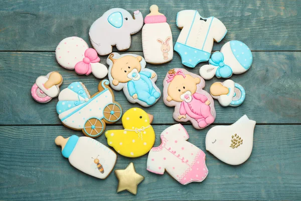 Set Baby Shower Cookies Light Blue Wooden Table Flat Lay — Stock Photo, Image