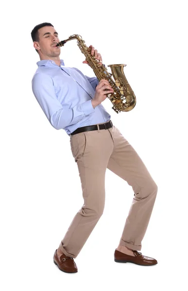 Jeune Homme Jouant Saxophone Sur Fond Blanc — Photo