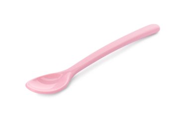 Plastik kaşık beyaza izole edilmiş. Bebek maması servisi.