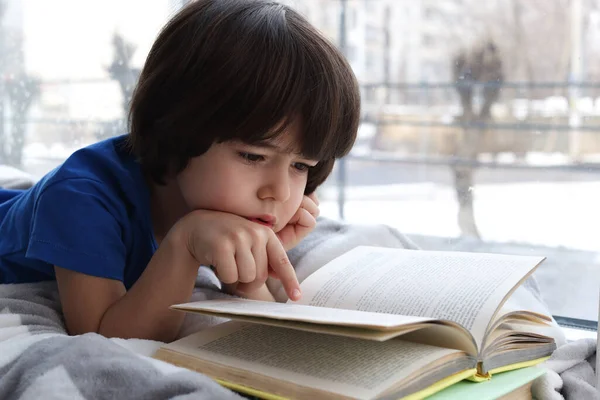 Bonito Menino Leitura Livro Perto Janela Casa — Fotografia de Stock