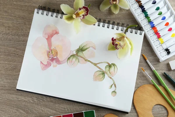 Flat Lay Composition Beautiful Drawing Orchid — 图库照片