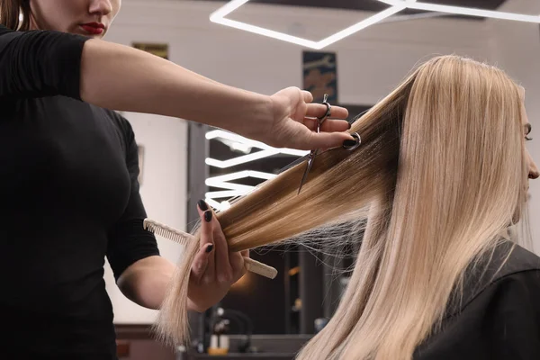 Profesyonel Kuaför Kadın Saçını Kuaförde Kesiyor Yakın Plan — Stok fotoğraf