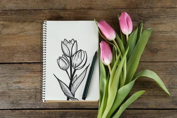 Beautiful Drawing Tulips Sketchbook Flowers Wooden Table Flat Lay — Stock Photo, Image
