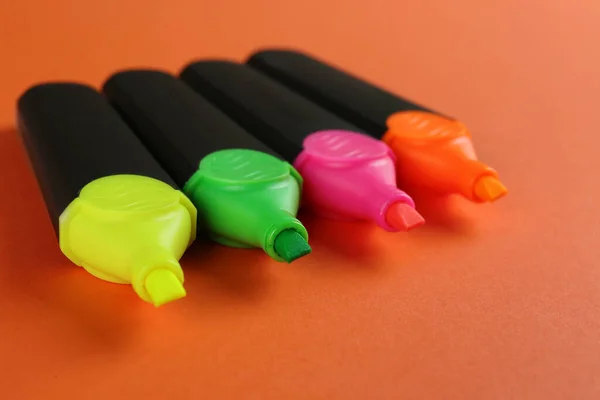 Many Colorful Markers Orange Background Closeup School Stationery — Stock Photo, Image