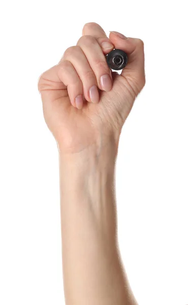 Vrouw Met Zwarte Stift Witte Achtergrond Close — Stockfoto
