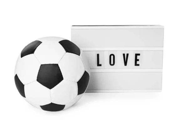 Pelota Fútbol Caja Luz Con Palabra Amor Sobre Fondo Blanco — Foto de Stock