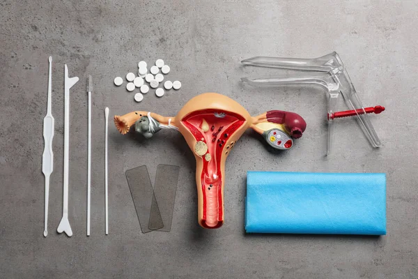 Gynecological Examination Kit Grey Table Flat Lay — Stock Photo, Image