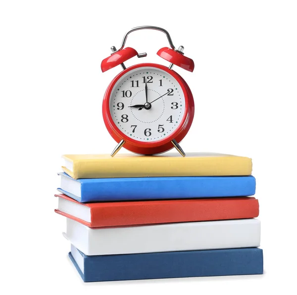 Relógio Alarme Vermelho Livros Diferentes Sobre Fundo Branco Hora Escola — Fotografia de Stock
