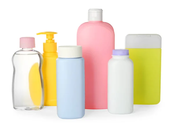 Butelki Produktów Kosmetycznych Dla Dzieci Białym Tle — Zdjęcie stockowe