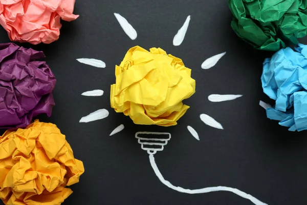 Flat Lay Composition Yellow Crumpled Paper Ball Drawing Lamp Bulb — Stock Photo, Image