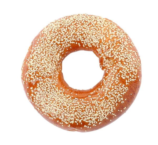 Delizioso Bagel Fresco Con Semi Sesamo Isolati Bianco — Foto Stock