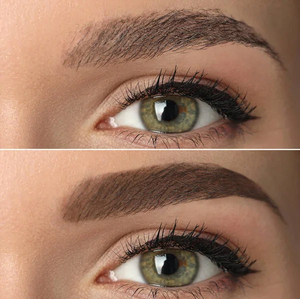 Collage Med Bilder Ung Kvinna Före Och Efter Permanent Makeup — Stockfoto