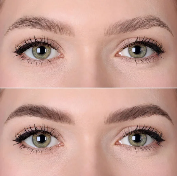 Collage Med Bilder Ung Kvinna Före Och Efter Permanent Makeup — Stockfoto