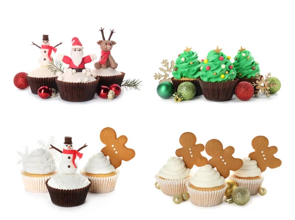 Leckere Cupcakes Mit Weihnachtsdekor Auf Weißem Hintergrund Collage — Stockfoto