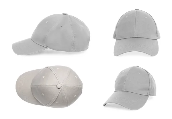 Beyaz Arka Planda Şık Açık Gri Beysbol Şapkaları Ile Set — Stok fotoğraf