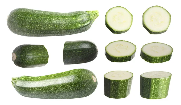 Set Van Verse Rijpe Courgettes Witte Achtergrond — Stockfoto