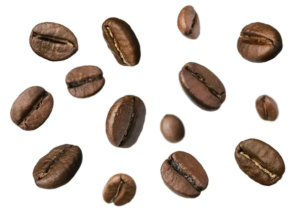 Viele Geröstete Kaffeebohnen Fliegen Auf Weißem Hintergrund — Stockfoto