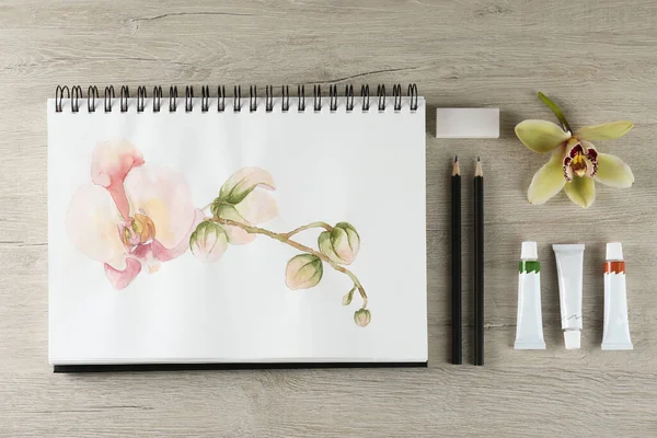 Flat Lay Composition Beautiful Drawing Orchid — 图库照片