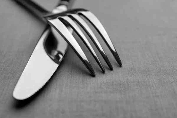 Shiny Fork Knife Grey Table Closeup — Stockfoto