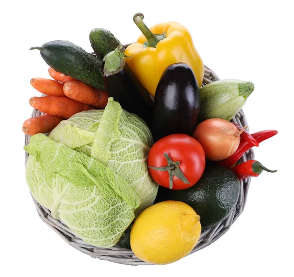 Wicker Basket Fresh Ripe Vegetables Fruit White Background Top View — Stock Photo, Image