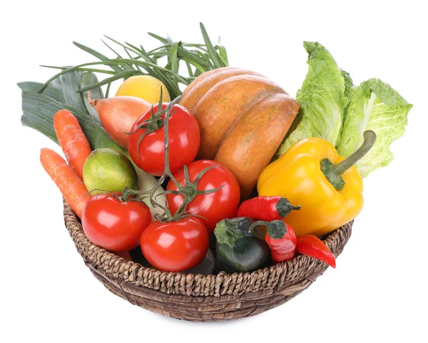 Fresh Ripe Vegetables Fruits Wicker Bowl White Background — Stock Photo, Image