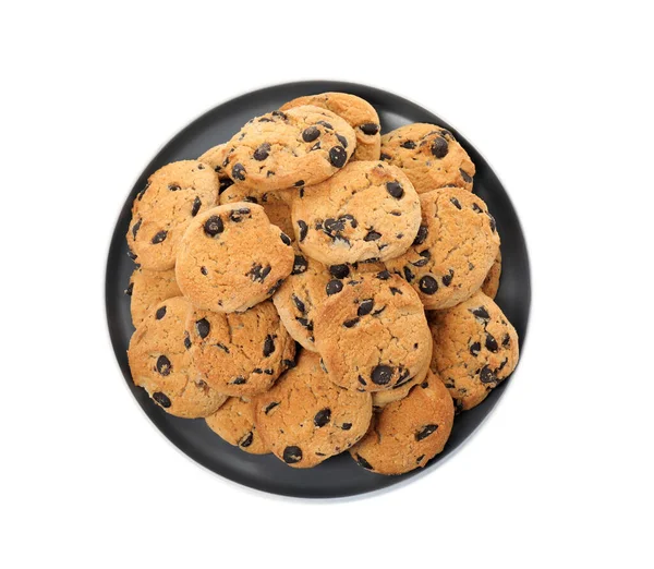 Plate Delicious Chocolate Chip Cookies Isolated White Top View — Stock Photo, Image