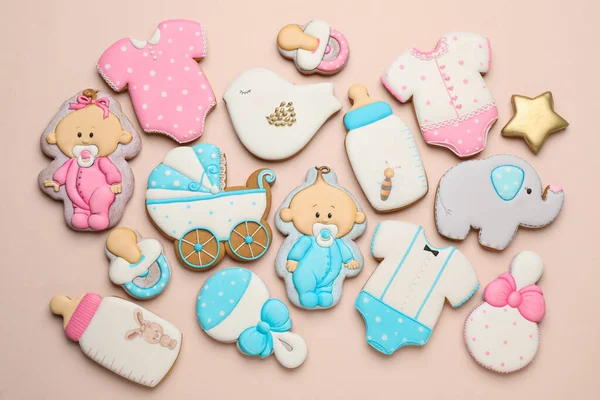 Set Baby Shower Cookie Világos Rózsaszín Háttér Lapos Laikus — Stock Fotó