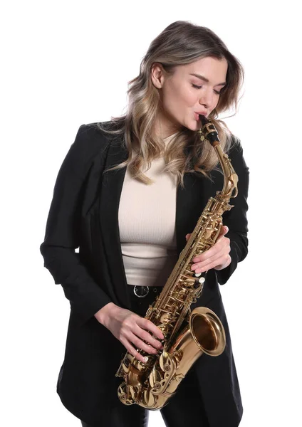 Hermosa Joven Traje Elegante Tocando Saxofón Sobre Fondo Blanco — Foto de Stock