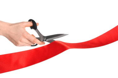 Man cutting red ribbon on white background, closeup clipart