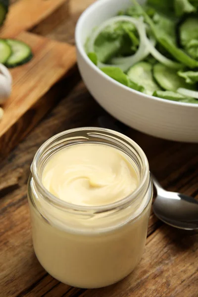 Jar Delicious Mayonnaise Salad Wooden Table — Stock Photo, Image