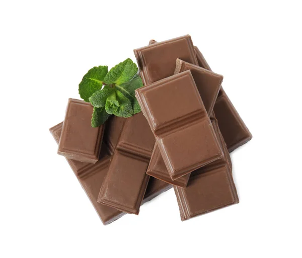 Tasty Chocolate Pieces Mint White Background Top View — Stock Photo, Image