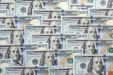 Arka plan olarak dolar banknotları, üst görünüm. Para ve finans