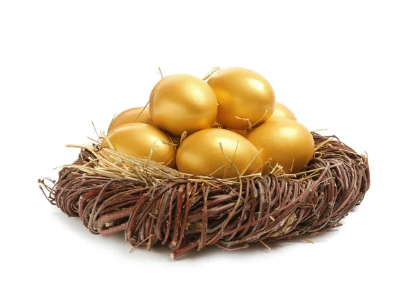 Glanzende Gouden Eieren Nest Witte Achtergrond — Stockfoto