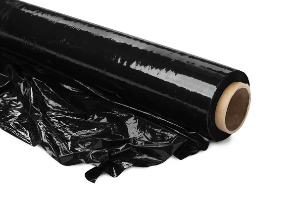 Roll of black plastic stretch wrap film isolated on white, closeup