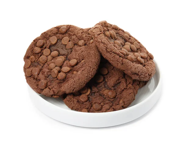 Piatto Deliziosi Biscotti Cioccolato Isolati Bianco — Foto Stock