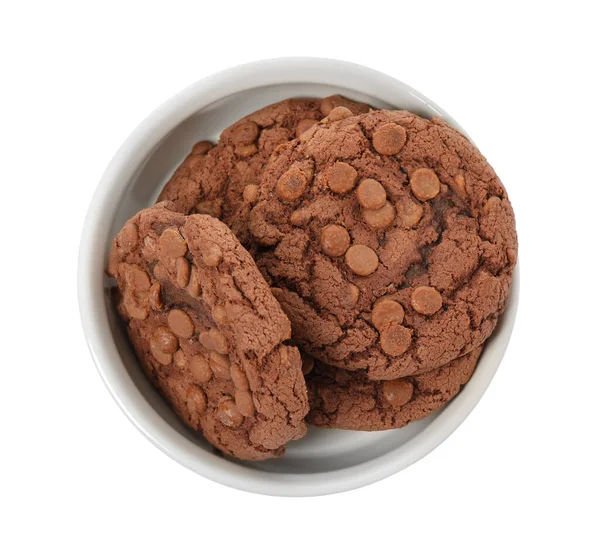 Deliciosos Biscoitos Chocolate Tigela Isolada Branco Vista Superior — Fotografia de Stock
