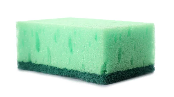 Esponja Limpeza Verde Com Scourer Abrasivo Isolado Branco — Fotografia de Stock