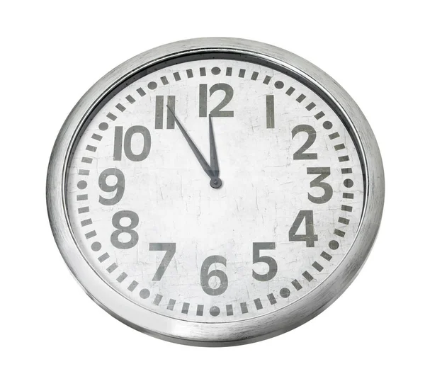 Zegar Pokazuje Pięć Minut Północy Białym Tle Odliczanie Noworoczne — Zdjęcie stockowe