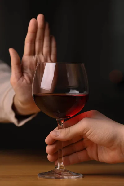 Woman Refusing Drink Red Wine Indoors Closeup Alcohol Addiction Treatment — Stock Photo, Image