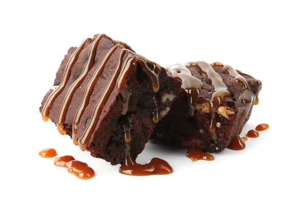Delicious Chocolate Brownies Nuts Caramel Sauce White Background — Stock Photo, Image