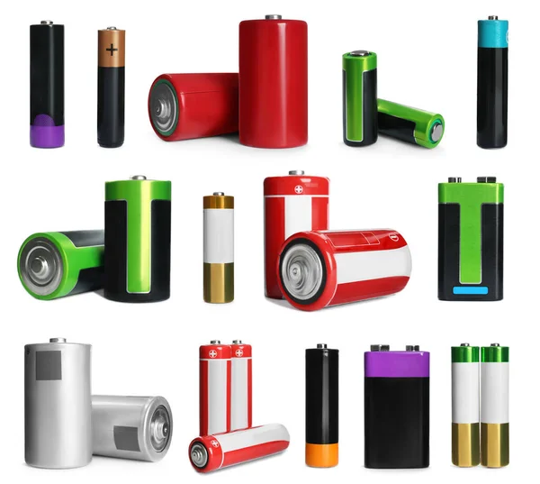 Vele Batterijen Van Verschillende Types Witte Achtergrond Collage — Stockfoto