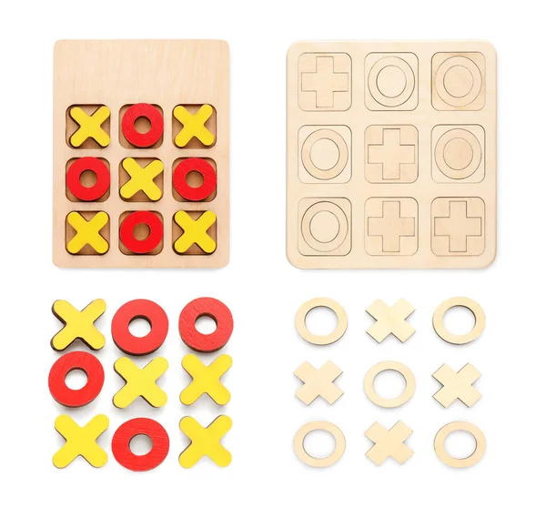 Wooden Tic Tac Toe Sets White Background Collage — Stock Photo, Image
