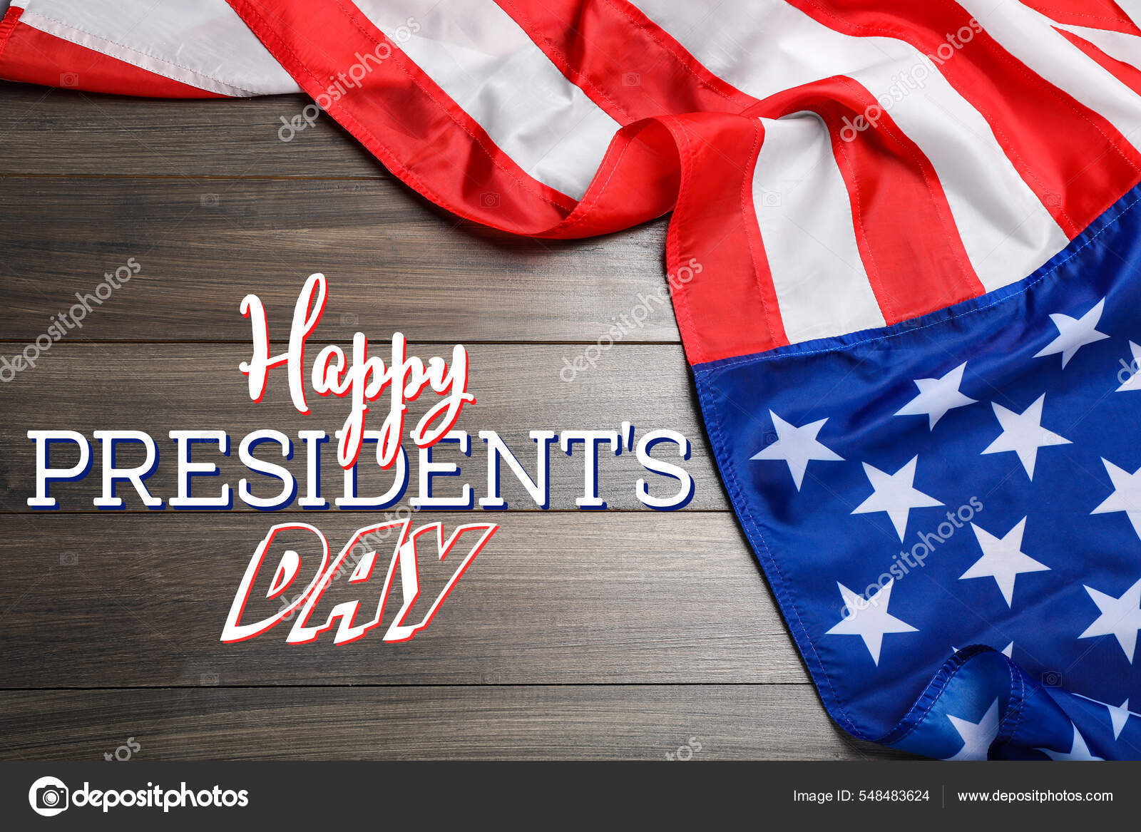 总统纪念日快乐联邦假期美国国旗和木制背景的文字顶视图——图库图片© NewAfrica #548483624