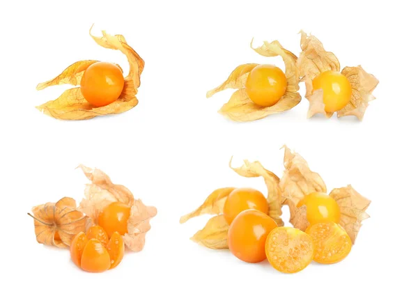 Ensemble Avec Savoureux Fruits Mûrs Physalis Sur Fond Blanc — Photo