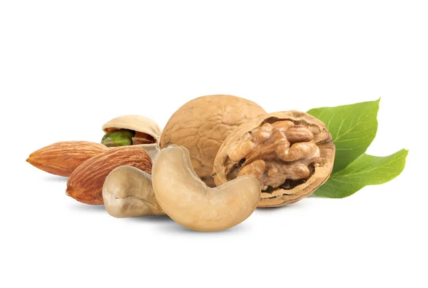 Směs Chutných Organických Ořechů Bílém Pozadí — Stock fotografie