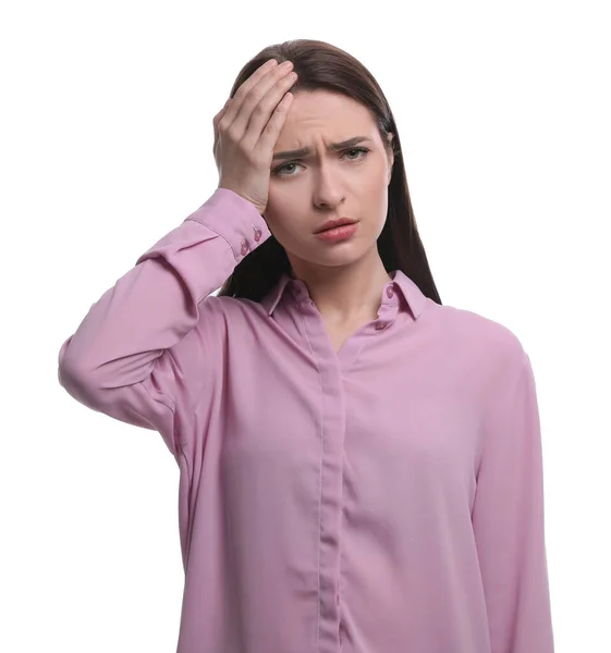 白い背景で頭痛に苦しんでいる女性 風邪の症状 — ストック写真